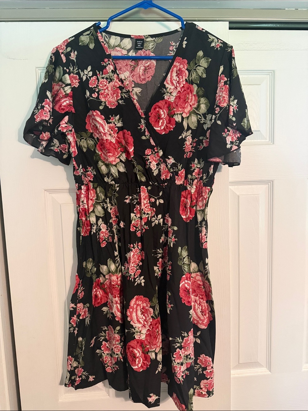 SHEIN Black Dress with Pink Rose Floral Print